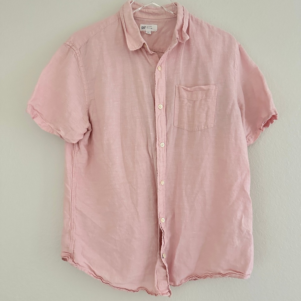 GAP Button Front Shirt Mens Large Pink Short Sleeve Linen Blend Standard Fit